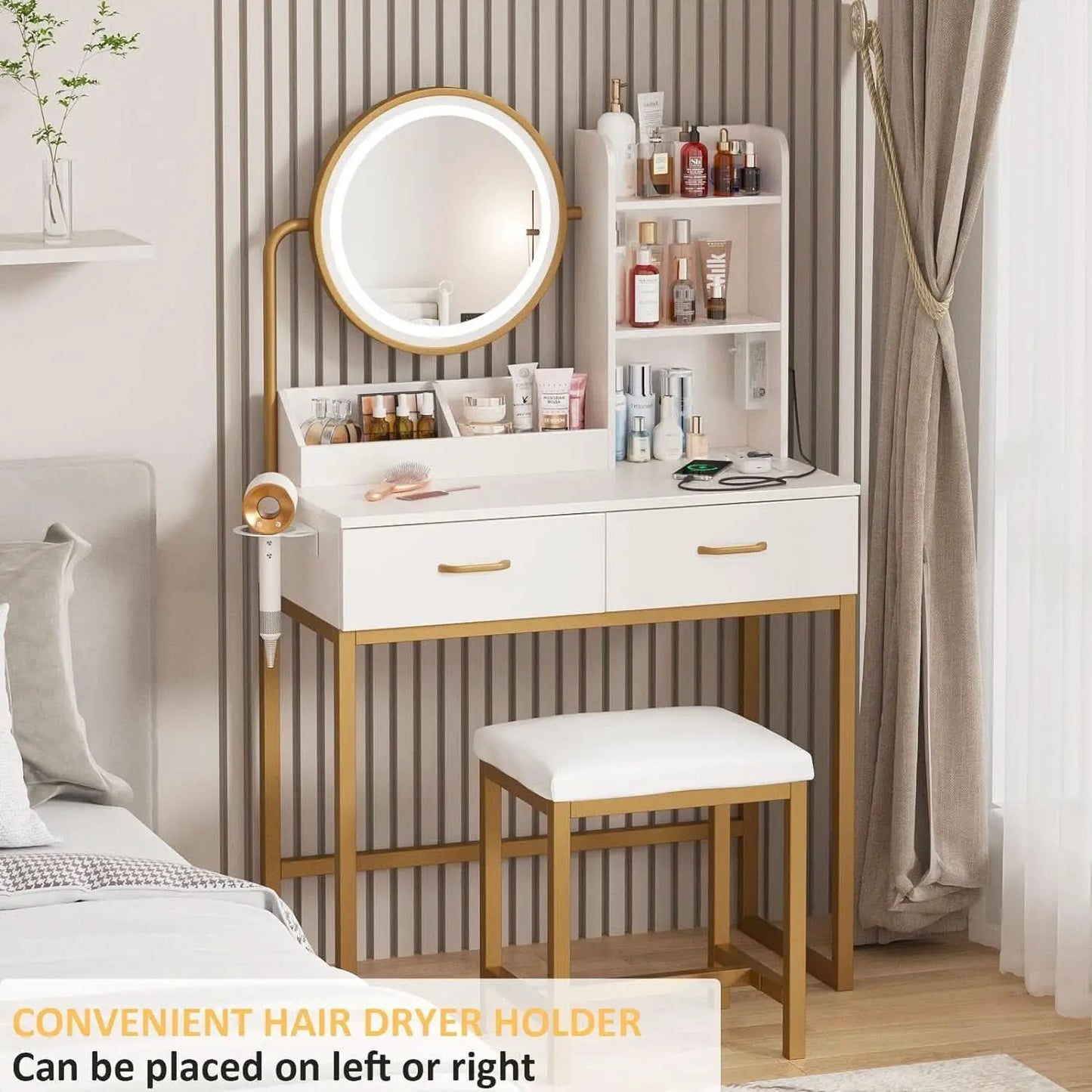 White Round LED Makeup Vanity Mirror With Charging Station 31.5 Inch from PriceLows™