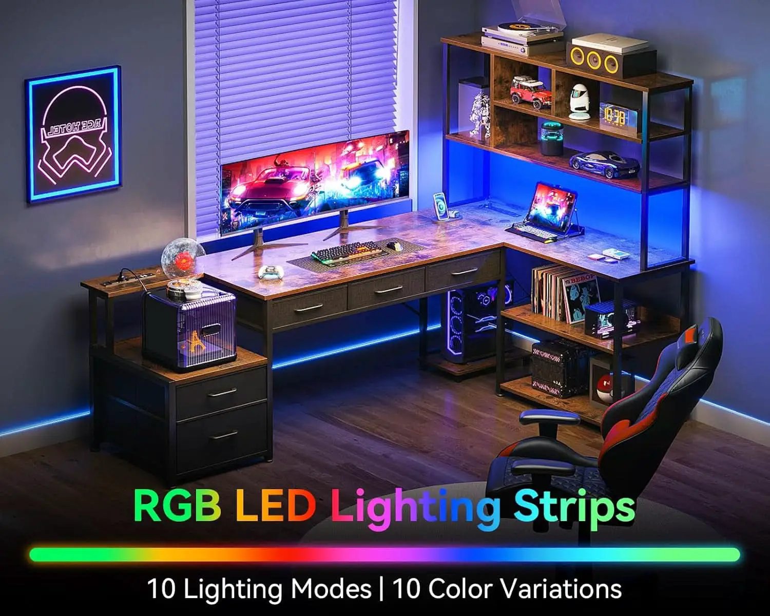 79 Inch L Shaped Desk With Power Outlets And LED Lights from PriceLows™