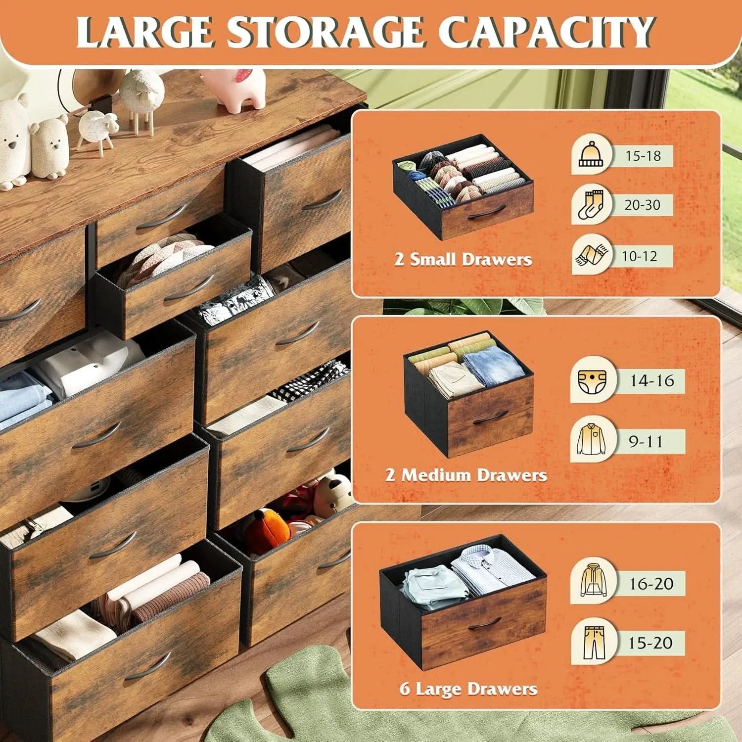 Dresser With 10 Drawers In Rustic Brown Wood Grain Finish from PriceLows™