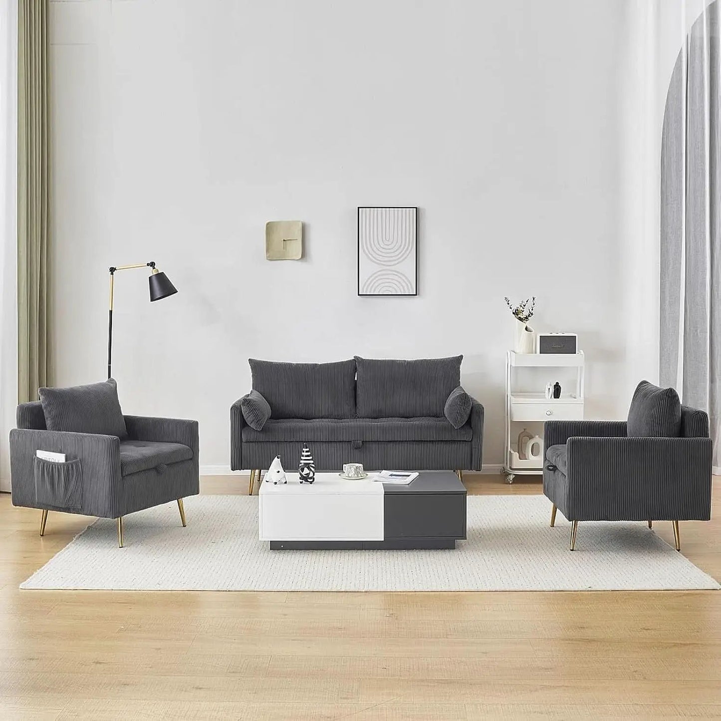 3 Piece Storage Sofa Set With Corduroy Gray Loveseat from PriceLows™