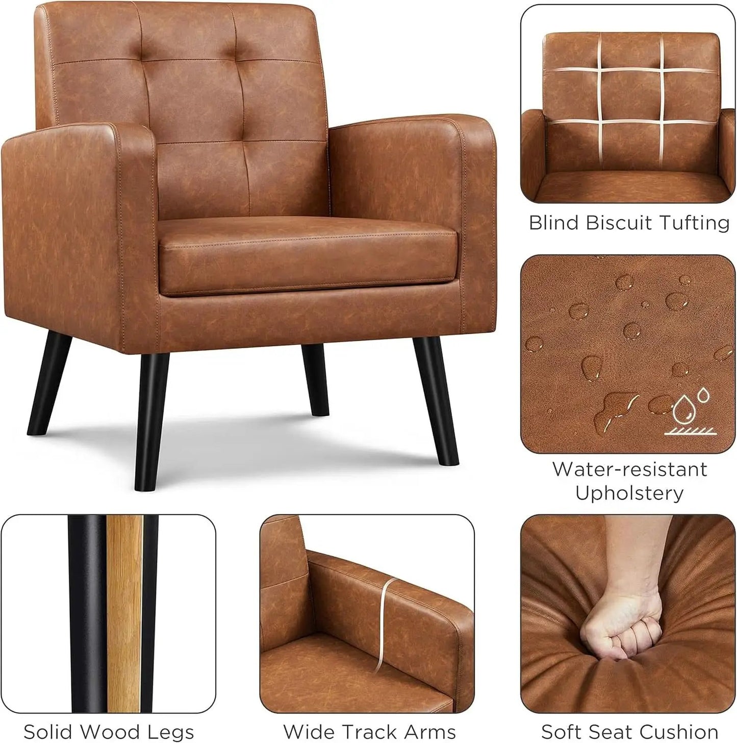 Brown PU Leather Midcentury Upholstered Ergonomic Armchair from PriceLows™