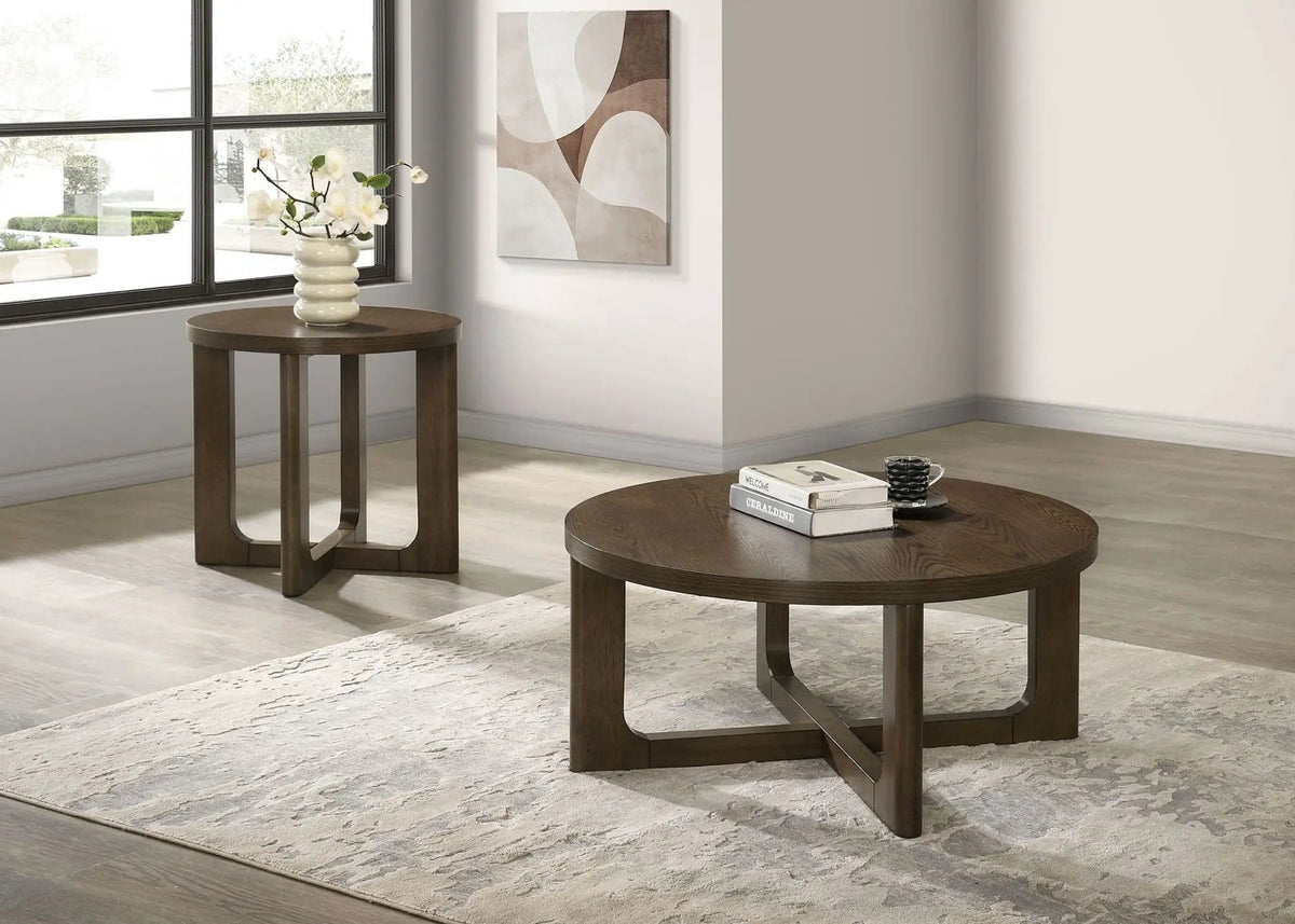 Kessler 2-piece Round Sculptural Wood Coffee Table Set | 2-Piece Set | Rubberwood & Engineered Wood | Brown