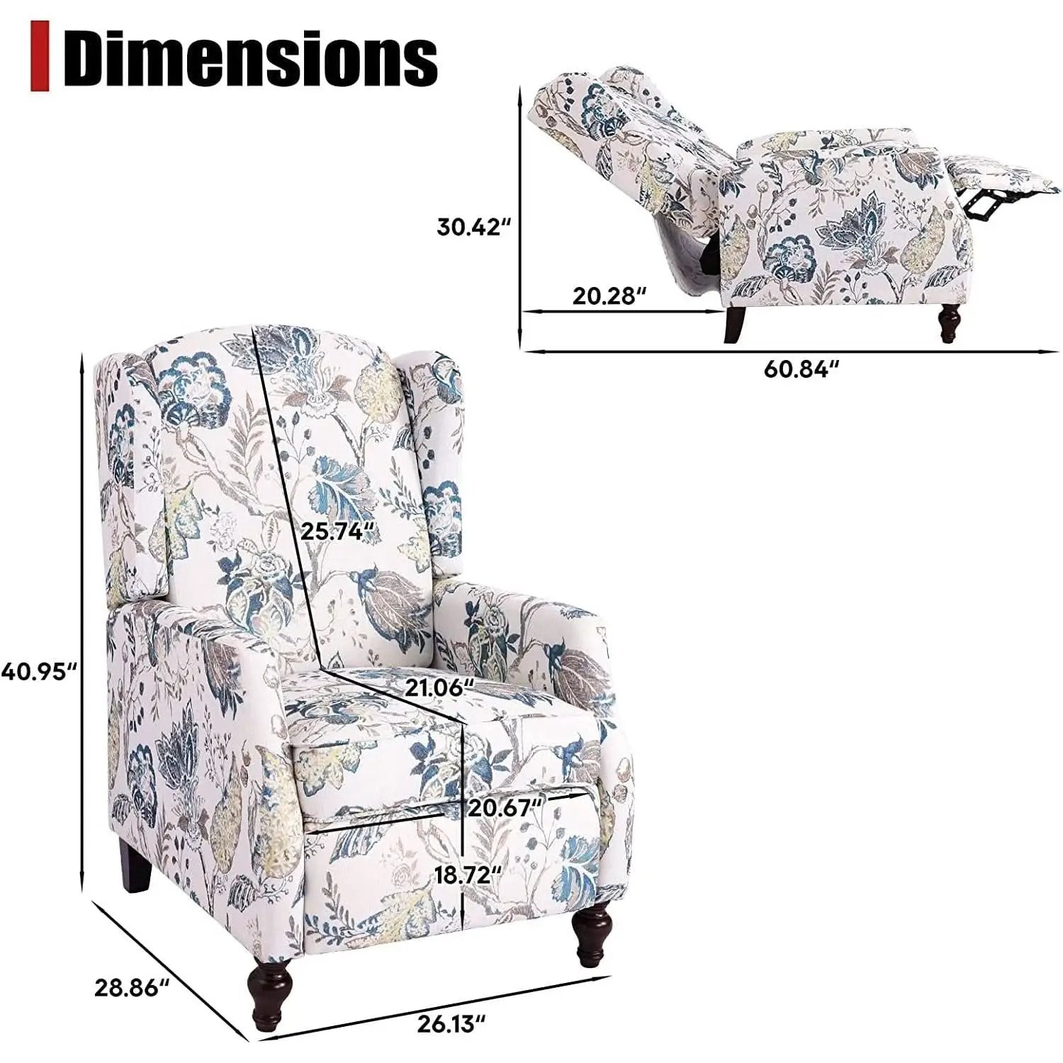 Upholstered Wingback Recliner Chair Blue Floral Elegant from PriceLows™