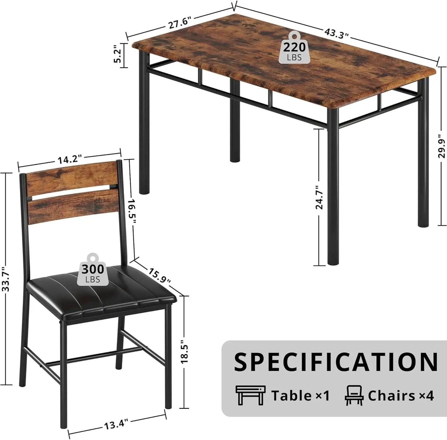 Dining Table Set For 4 Wood Kitchen Table With Upholstered Chairs Rustic Brown from PriceLows™
