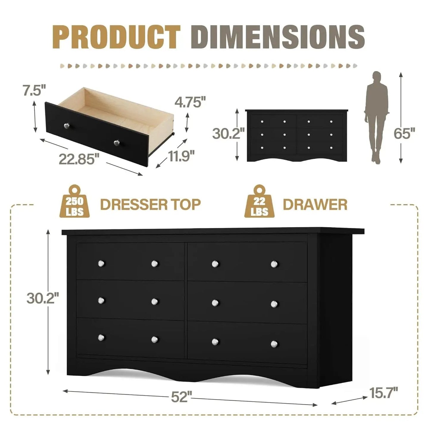 Glossy Black 52 Inch Six Drawer Dresser for Modern Storage from PriceLows™