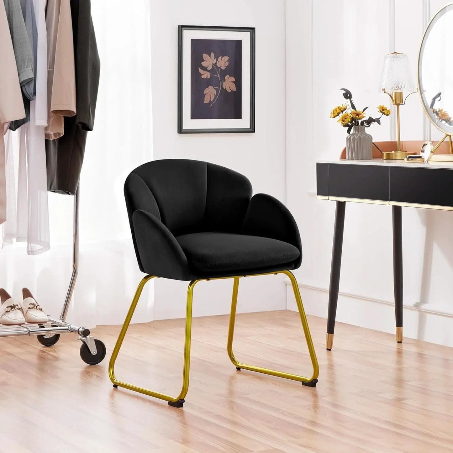 Modern Black Velvet Flower Armchair With Gold Legs from PriceLows™
