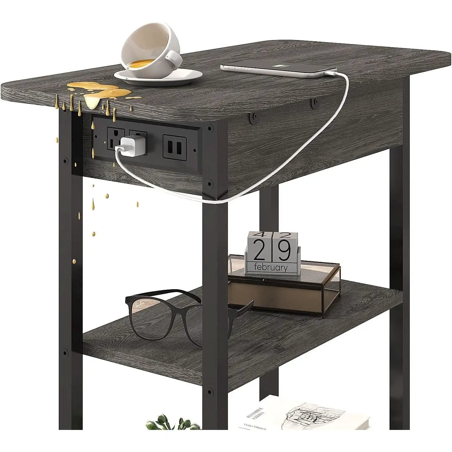 End Table With Charging Station And Flip Top Dark Grey For Small Spaces from PriceLows™