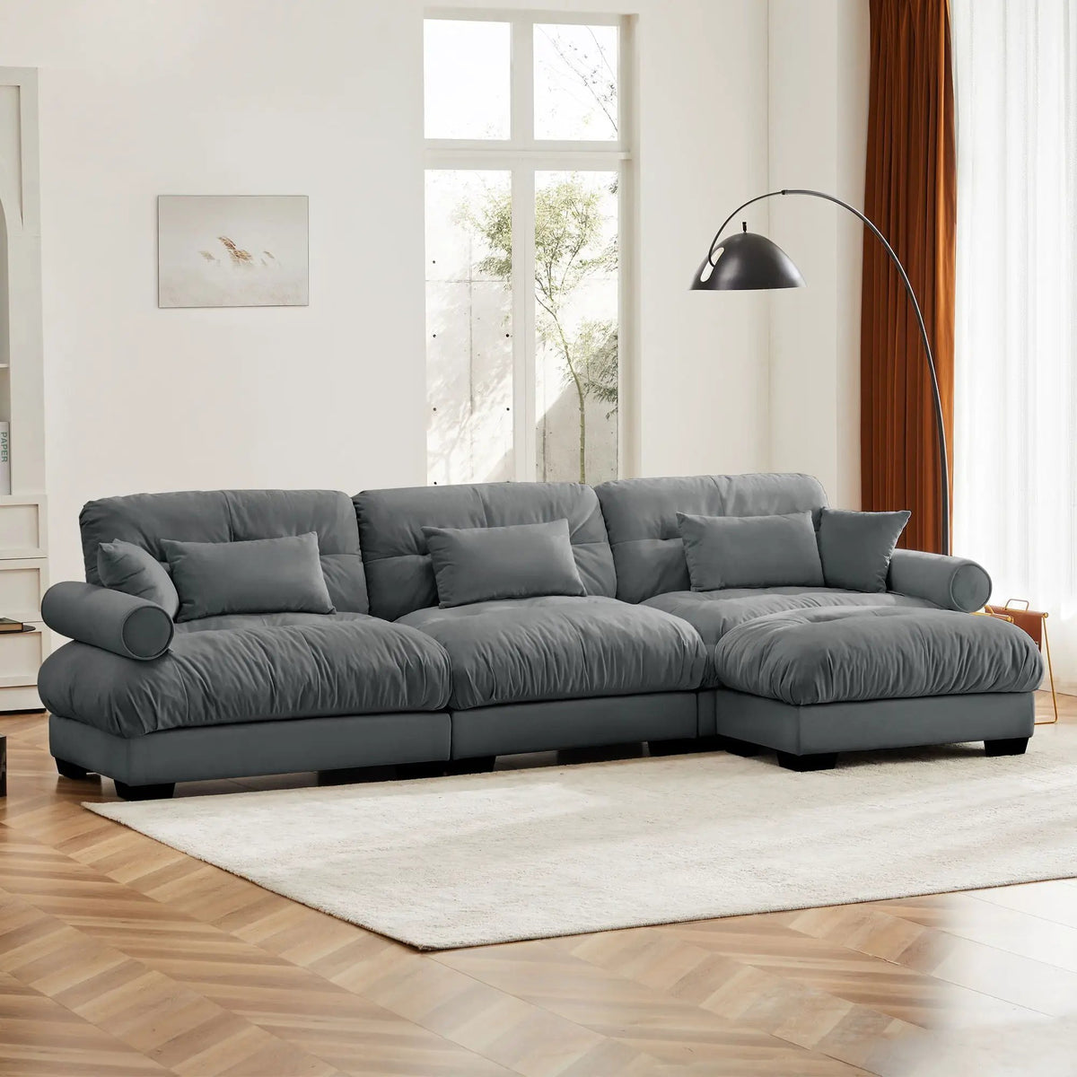 Modular Sectional Sofa | Deep Comfort Cushions | Vintage Fabric Ottoman