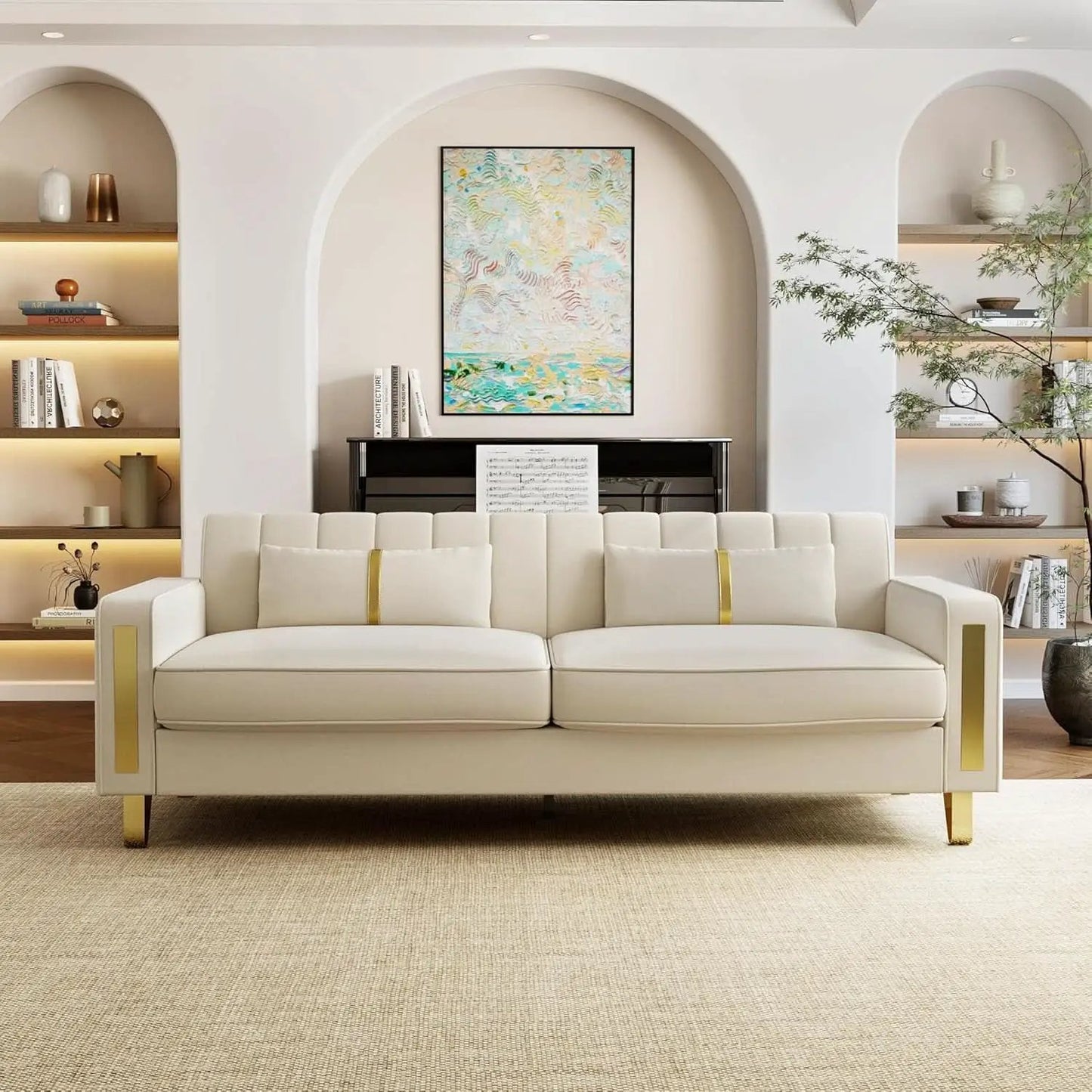 86 Inch Loveseat Sofa Set With Gold Metal Legs Beige Velvet Upholstery For Living Room from PriceLows™