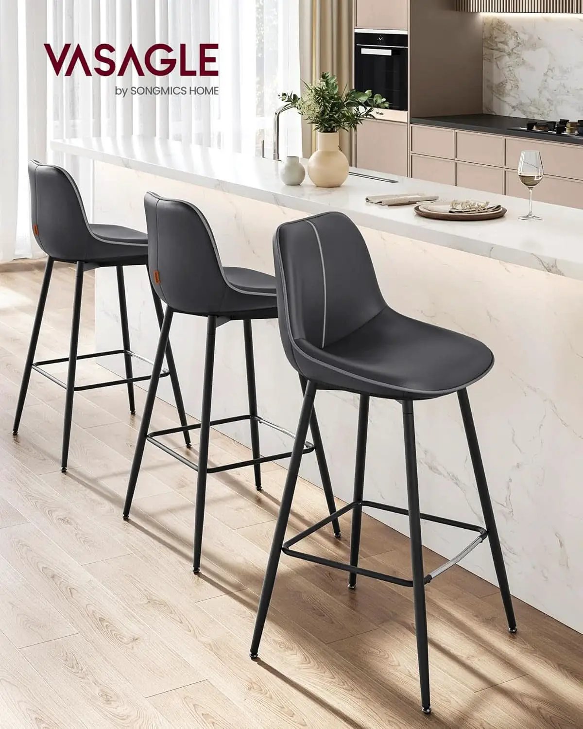 Bar Stools Set Of 2 Ink Black Synthetic Leather Bar Height Back Ergonomic from PriceLows™