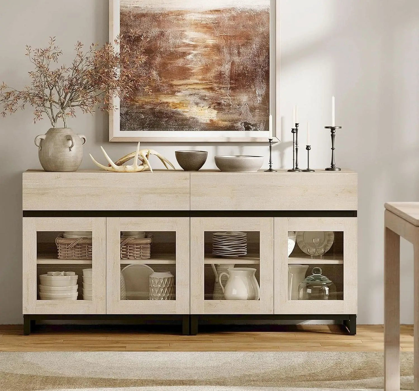 Oak Sideboard Buffet With Glass Doors Light Finish from PriceLows™