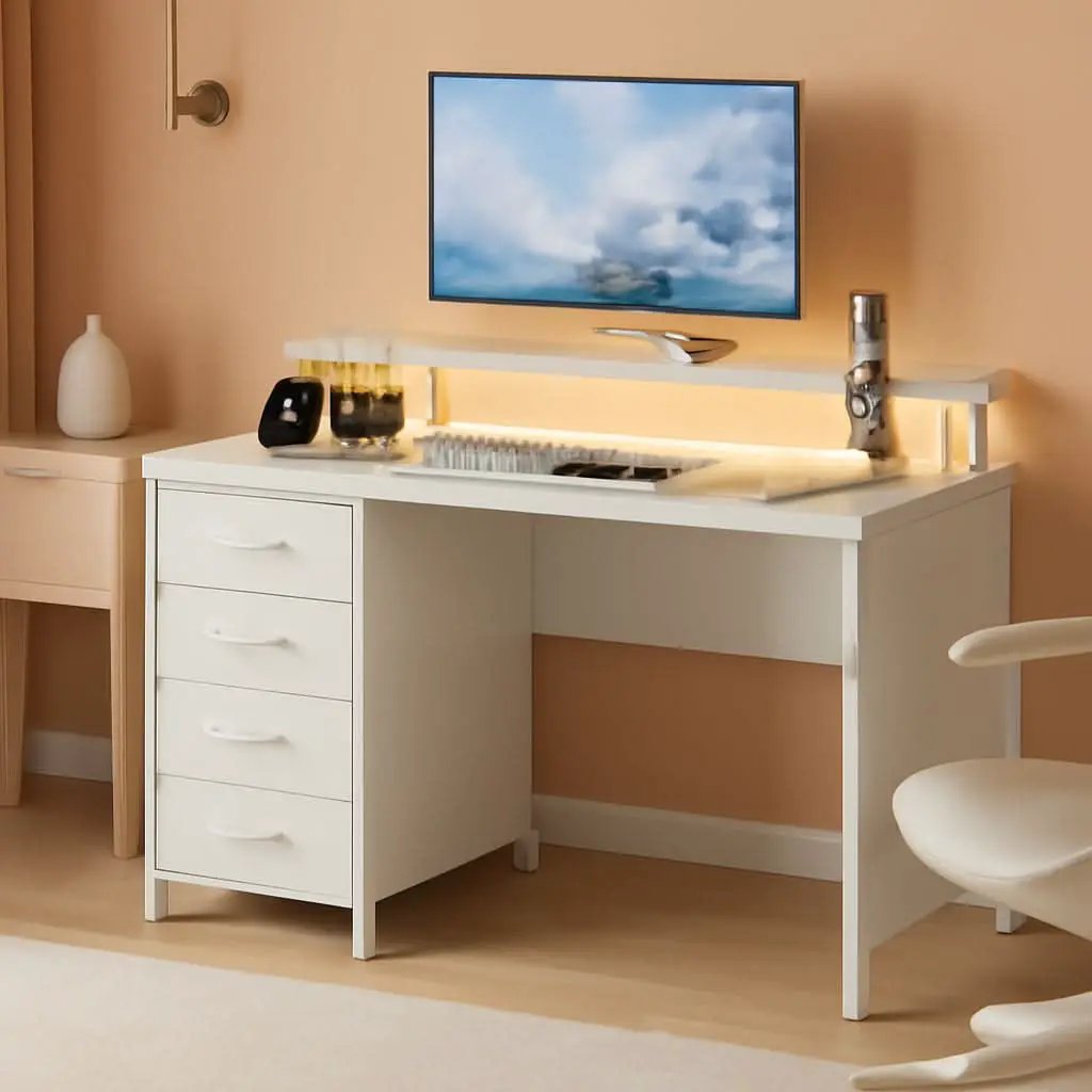 47 Inch LED Gaming Desk With Power Outlets White Drawers from PriceLows™