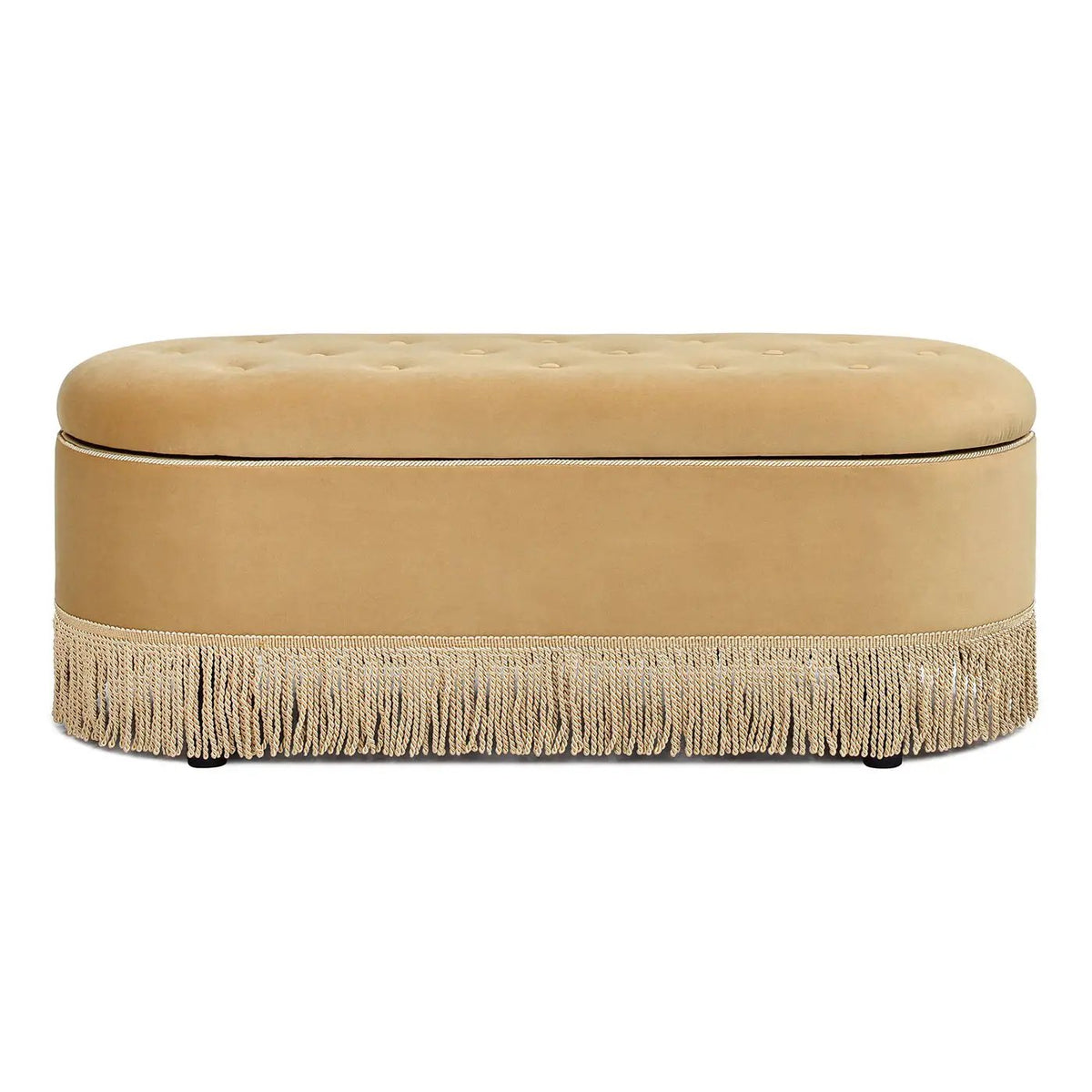 Melinda Oval Storage Bench | Button Tufted Seat | Bullion Fringe | Flip-Top Compartment