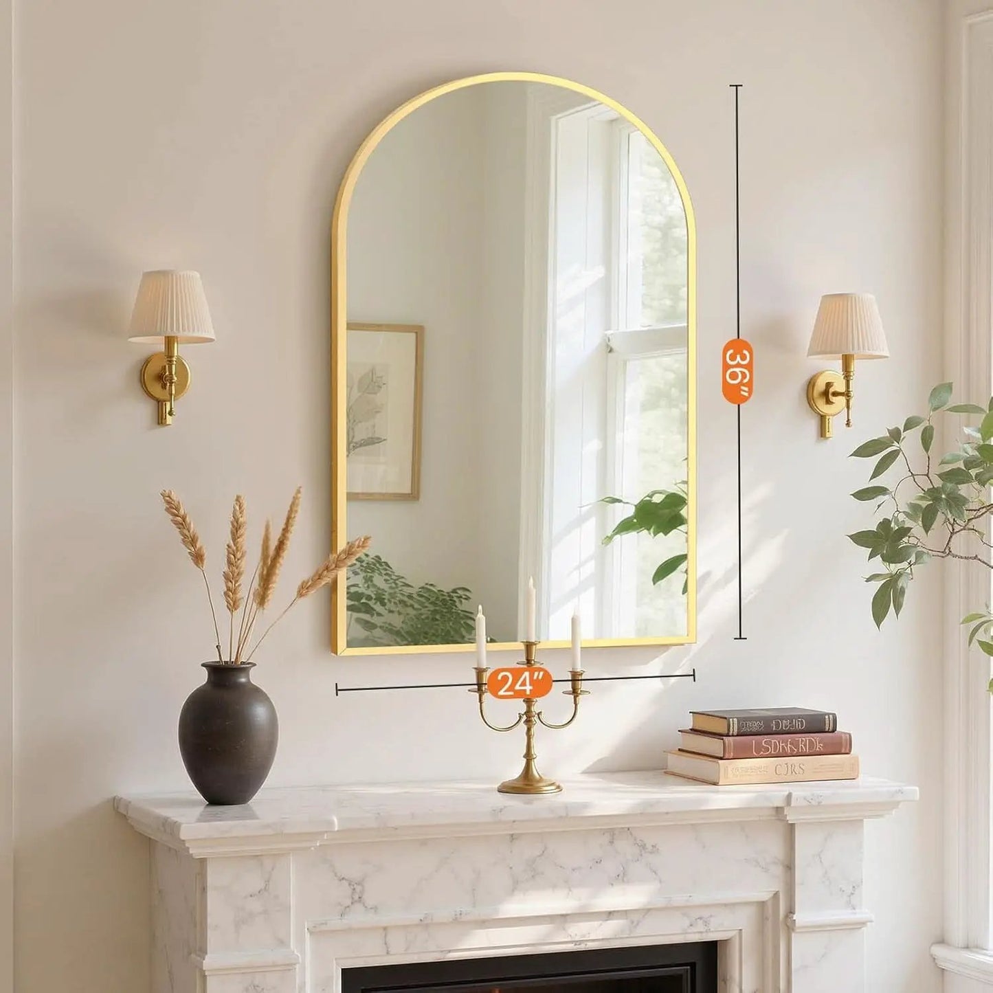 24x36 Arched Gold Bathroom Wall Mount Mirror Metal Frame from PriceLows™