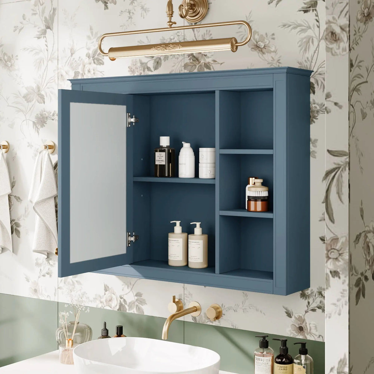 Wall Mounted Medicine Cabinet | Adjustable Interior | 6 Open Shelves