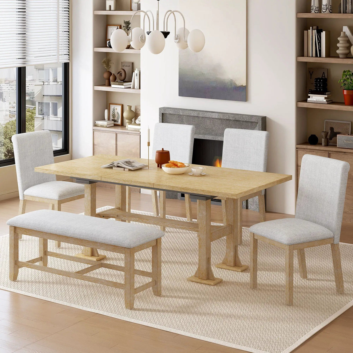 Farmhouse Dining Table Set | Solid Wood | Removable Leaf | 6 Piece