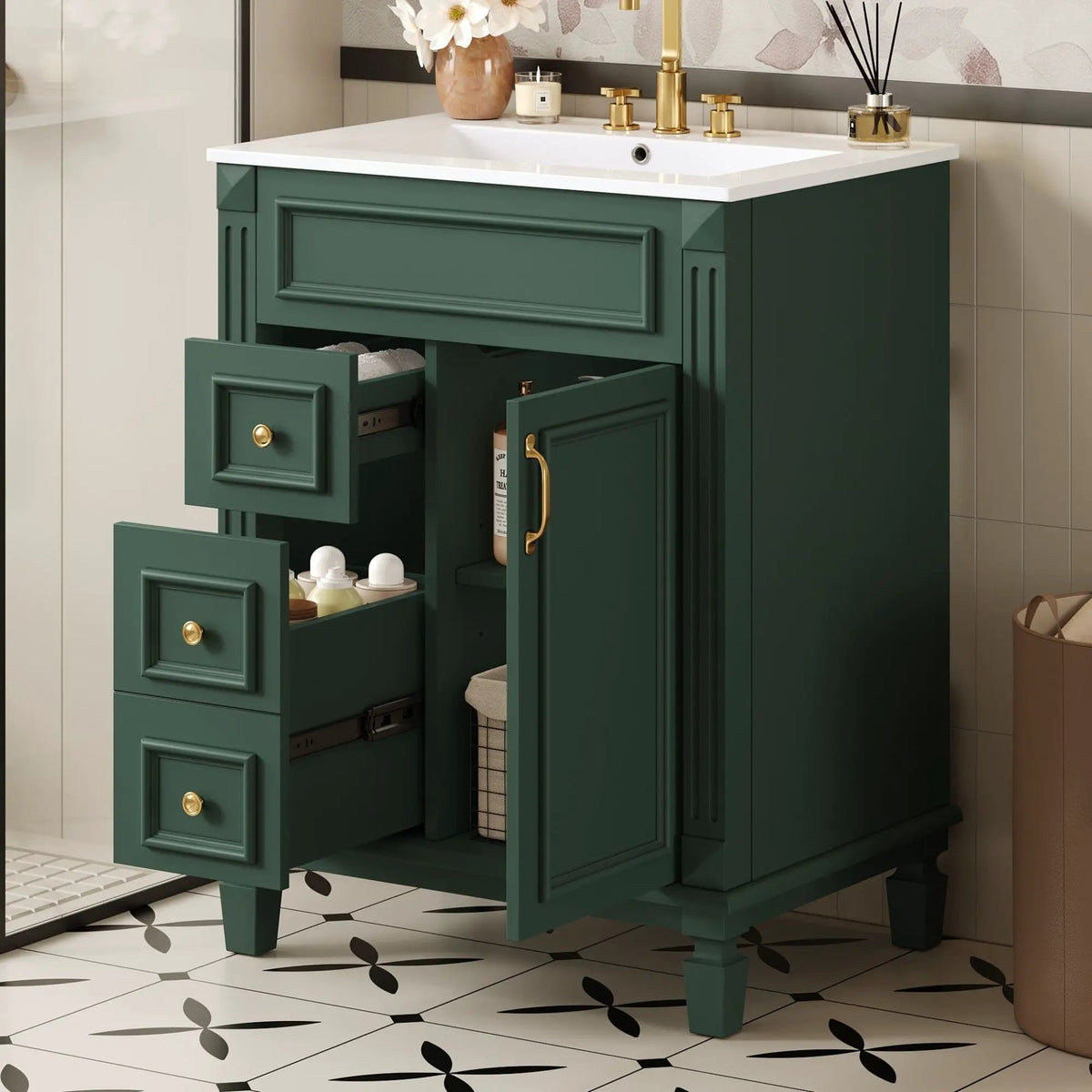 24 Inch Compact Bathroom Vanity | 2 Deep Drawers | Adjustable Shelf | Retro Button Handles