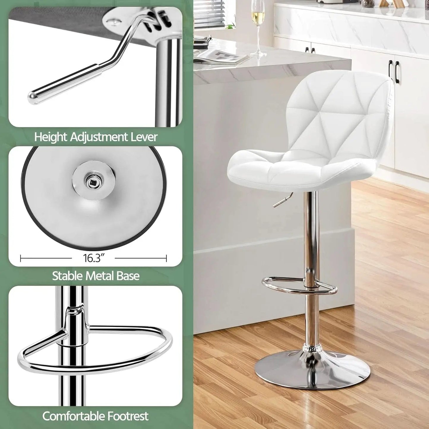 Pair Of White PU Leather Height Adjustable Bar Stools from PriceLows™