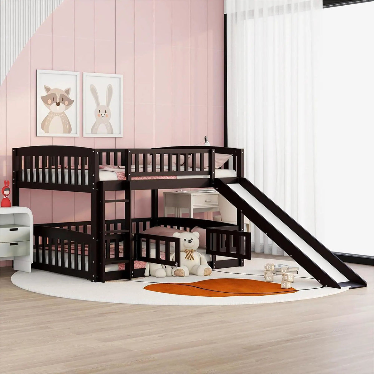 Low Bunk Bed With Slide | Fence And Ladder | Built-In Play Area | Kids Bedroom