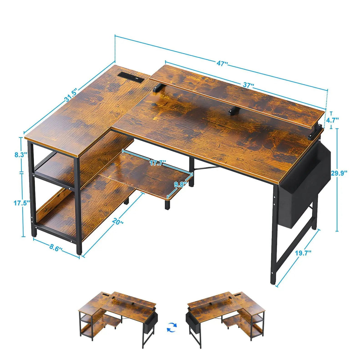 L-Shaped Gaming Desk | 47 Inch Width | Power Outlets And USB Ports | Reversible Corner Workstation