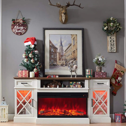 Electric 70-Inch Fireplace TV Stand With Glass Door Storage Cabinet | 70 Inch | Glass | Entertainment Center & TV Stand