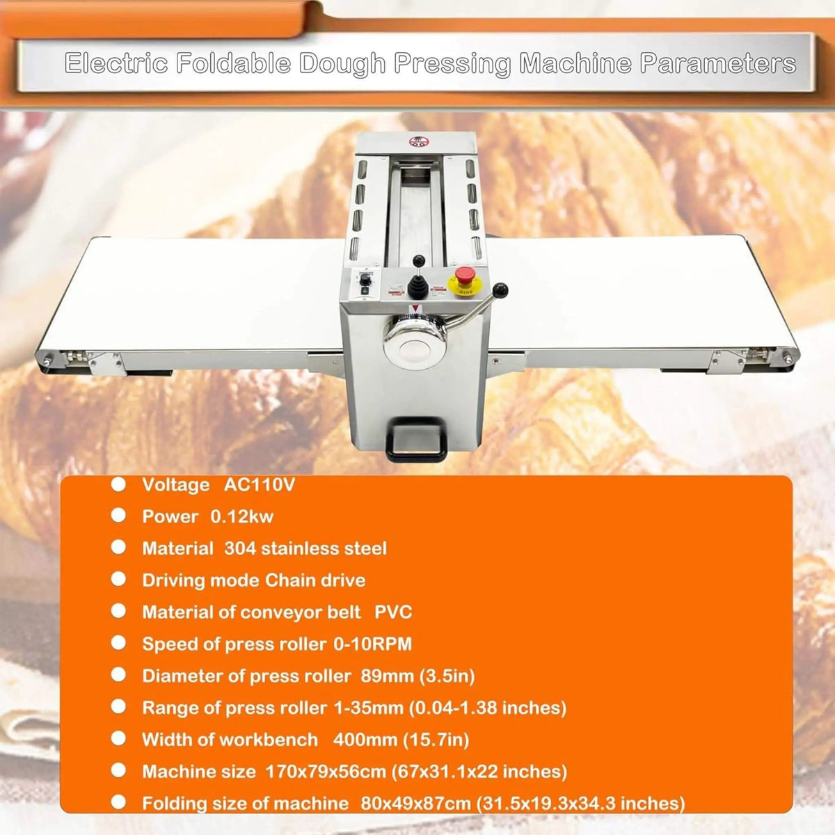 Commercial Electric 110V Foldable Stainless Steel Dough Sheeter | 110 Volt | Stainless Steel | Home