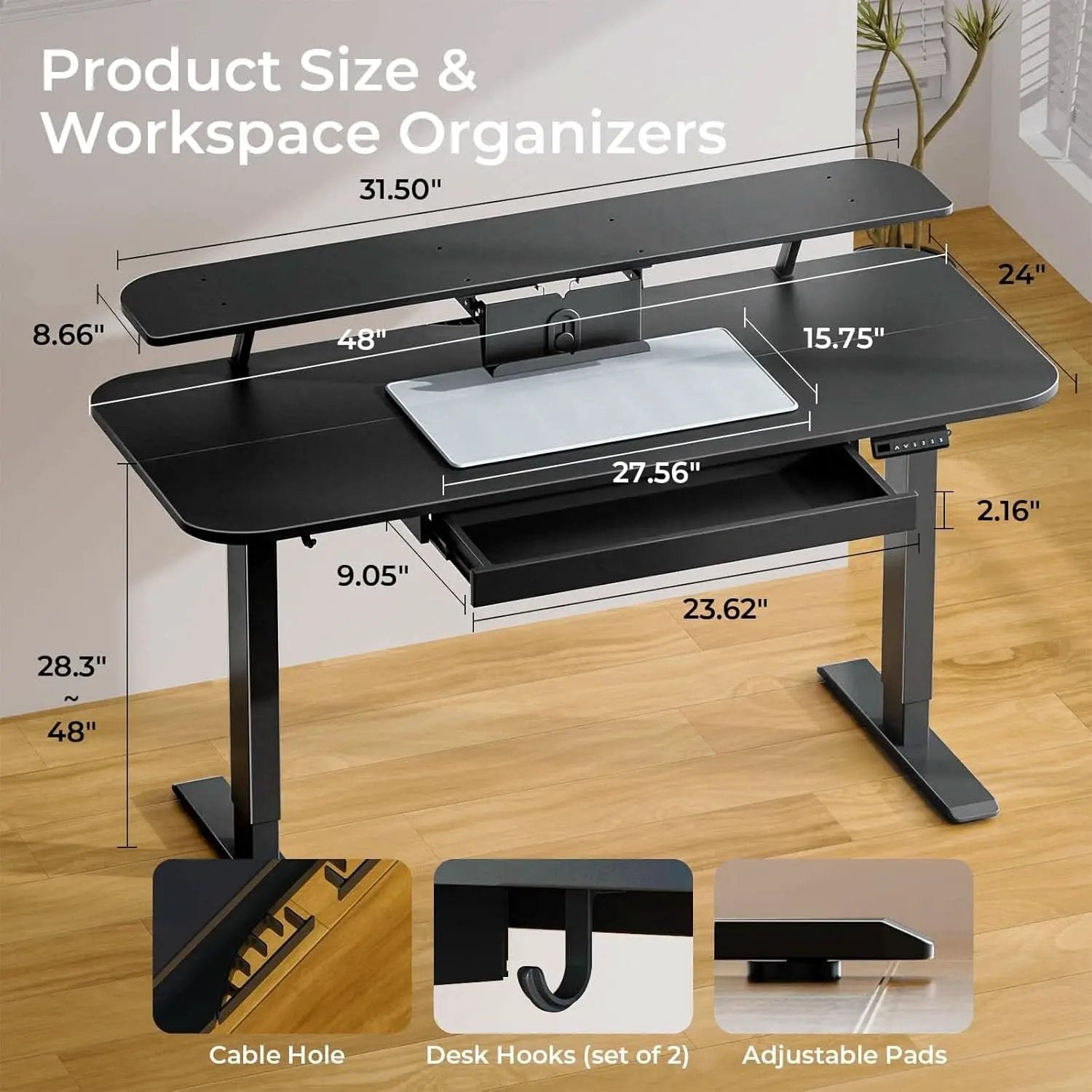 Electric Standing Desk With Drawers 48x24 Black Height Adjustable from PriceLows™