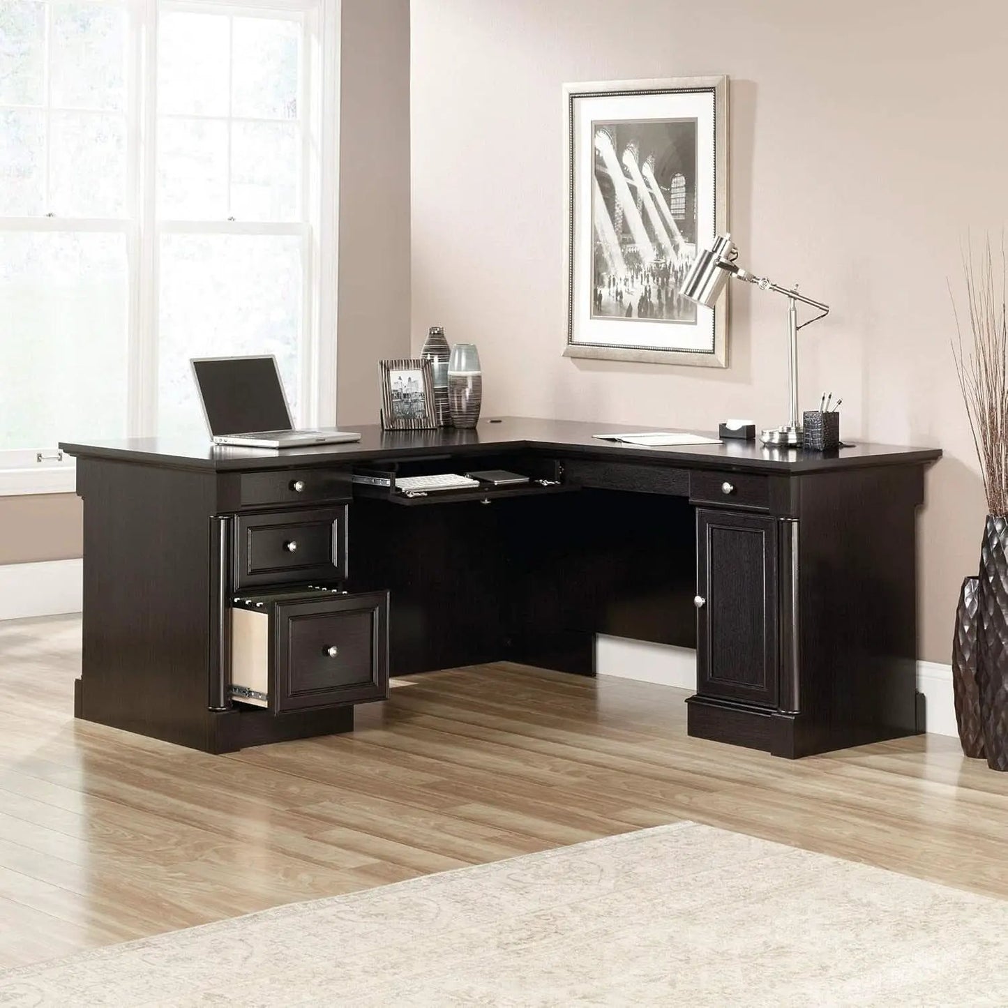 Elegant L-Shaped Desk with Spacious Surface in Wind Oak from PriceLows™