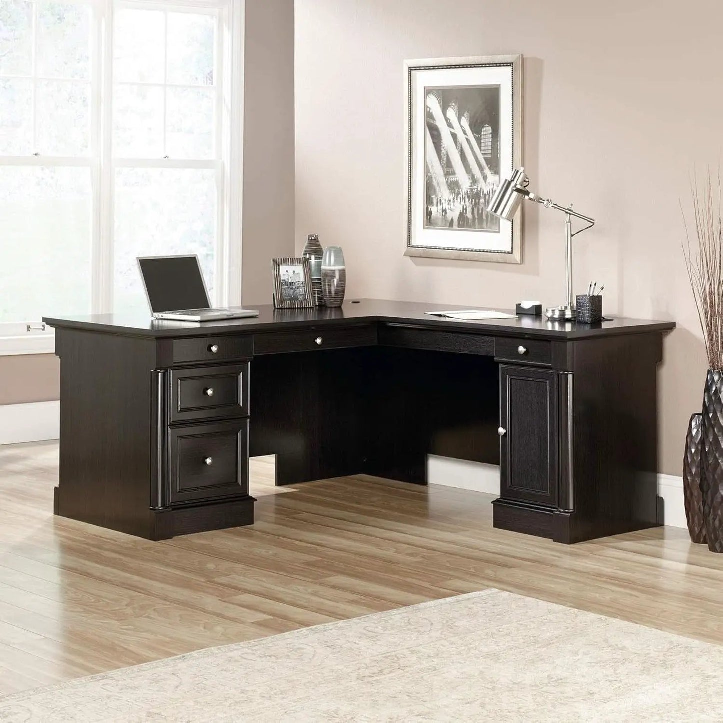 Elegant L-Shaped Desk with Spacious Surface in Wind Oak from PriceLows™
