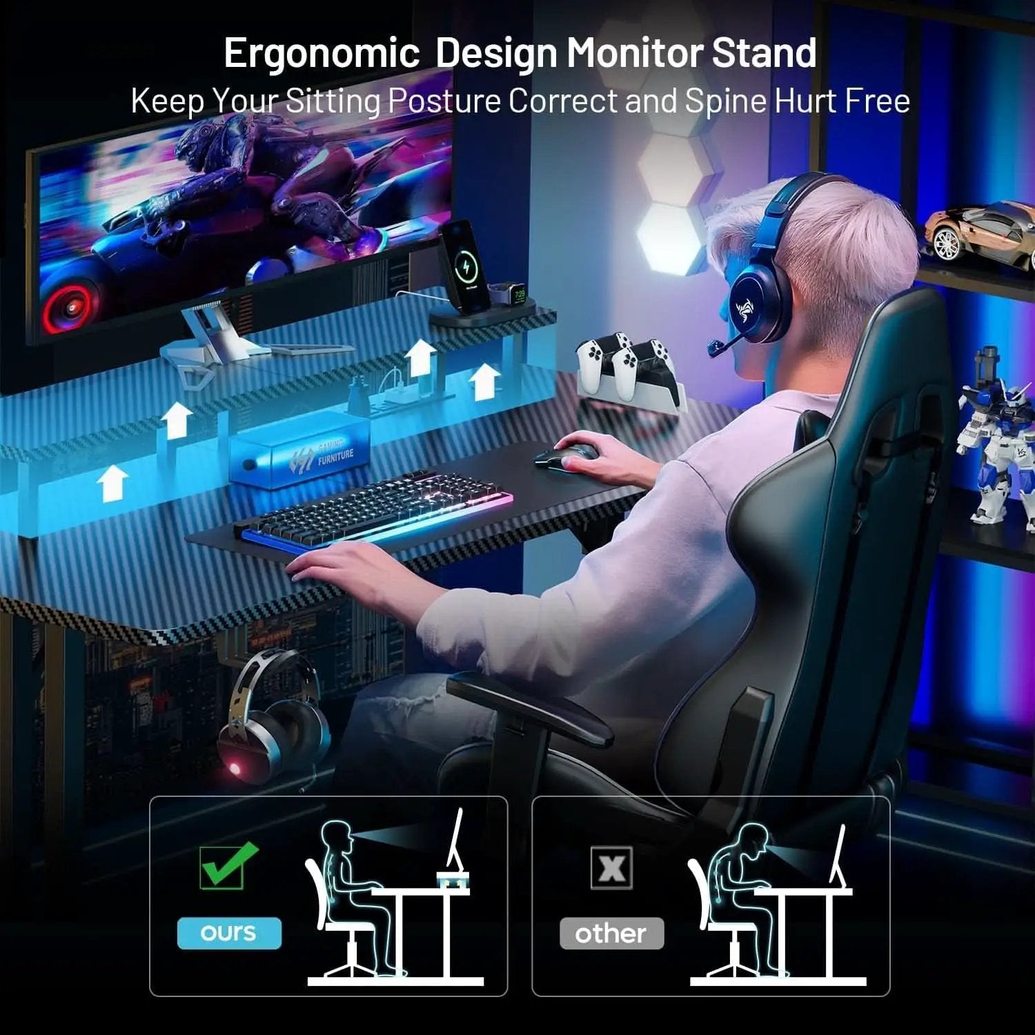 Ergonomic 63 Inch Gaming Desk With LED Lights from PriceLows™