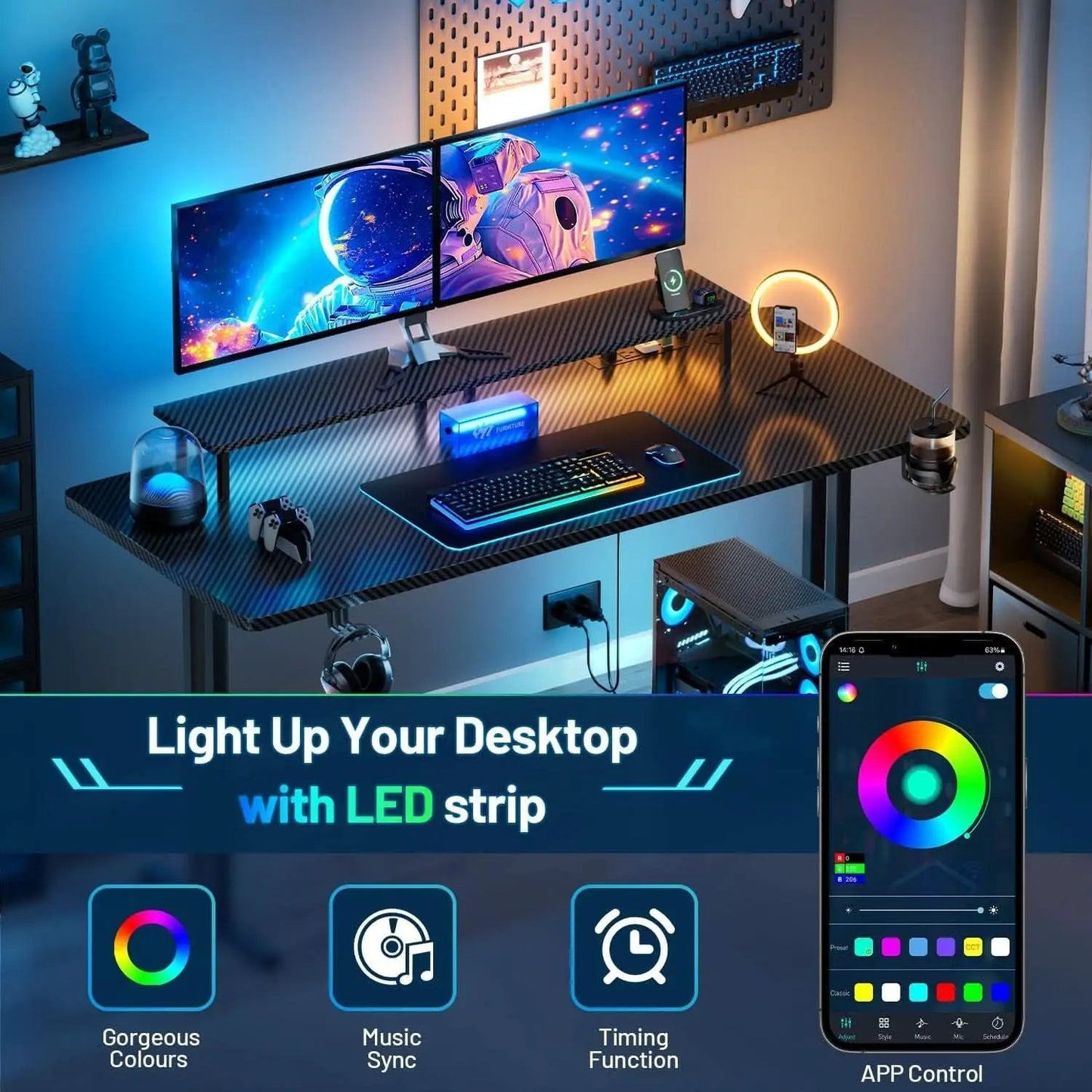 Ergonomic 63 Inch Gaming Desk With LED Lights from PriceLows™