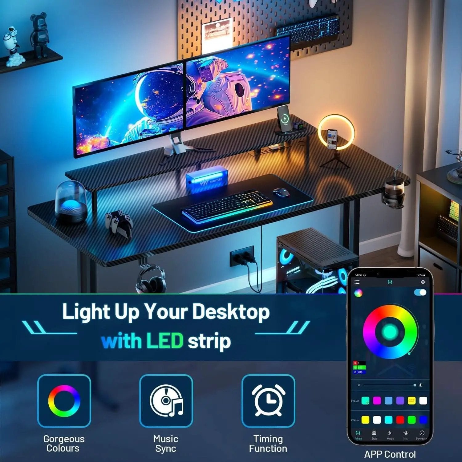 Ergonomic 63 Inch Gaming Desk With LED Lights from PriceLows™