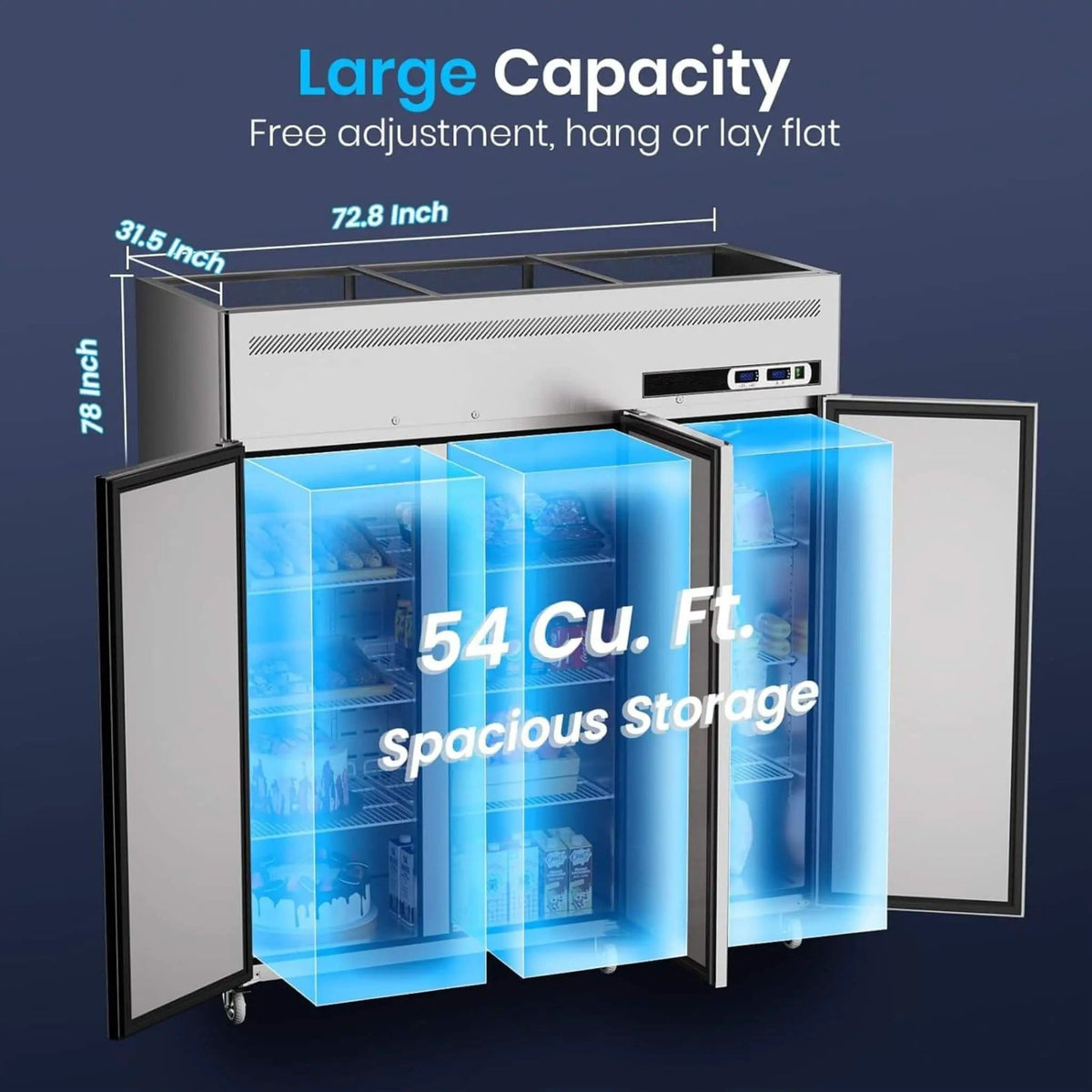 Extra Large 72 Inch 54 Cu.Ft Commercial 3 Door Upright Reach In Freezer Refrigerator | 72 Inch | 3-Door | Home