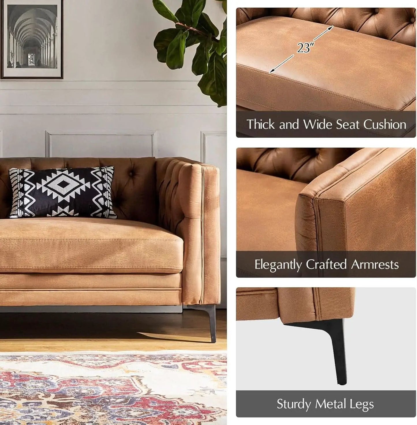 Extra Long Faux Leather Sofa with Stylish Metal Legs from PriceLows™