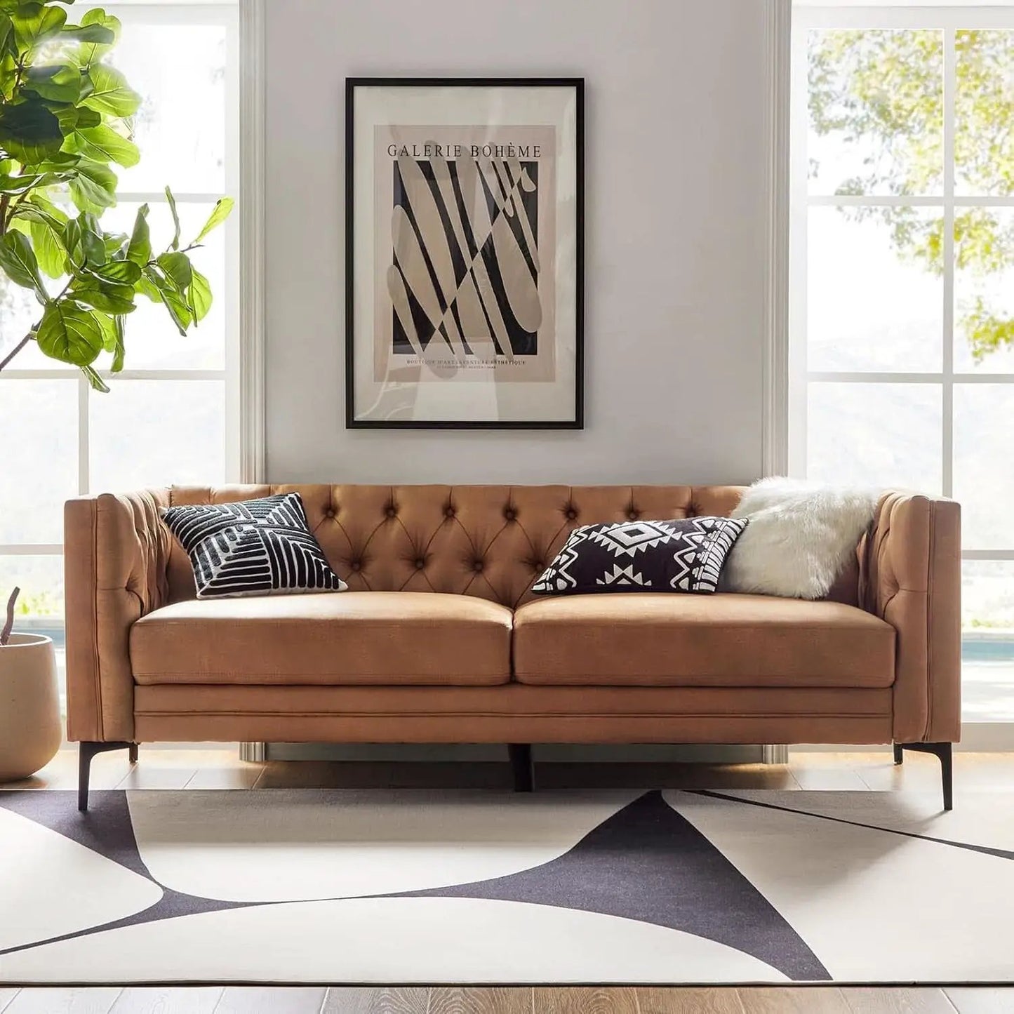 Extra Long Faux Leather Sofa with Stylish Metal Legs from PriceLows™