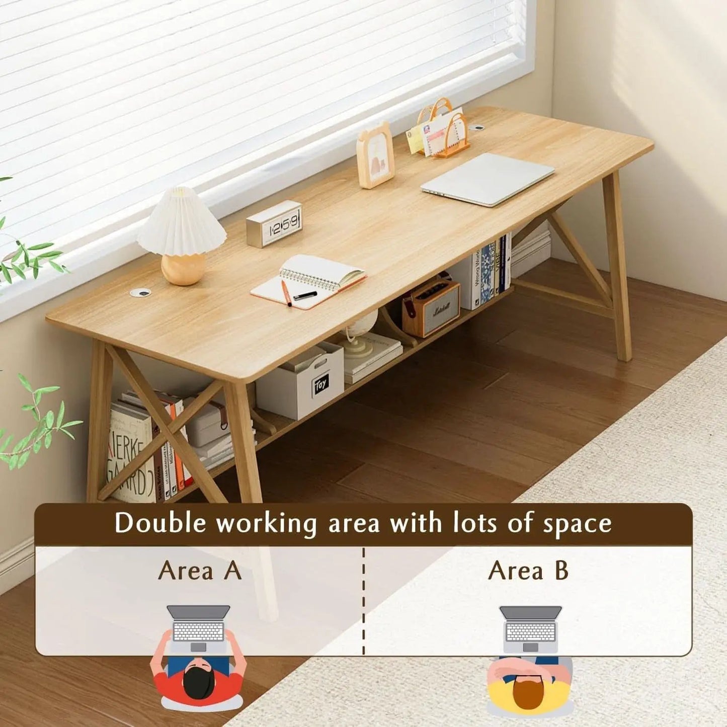 Extra Long Solid Wood Desk with Bookshelf Storage from PriceLows™
