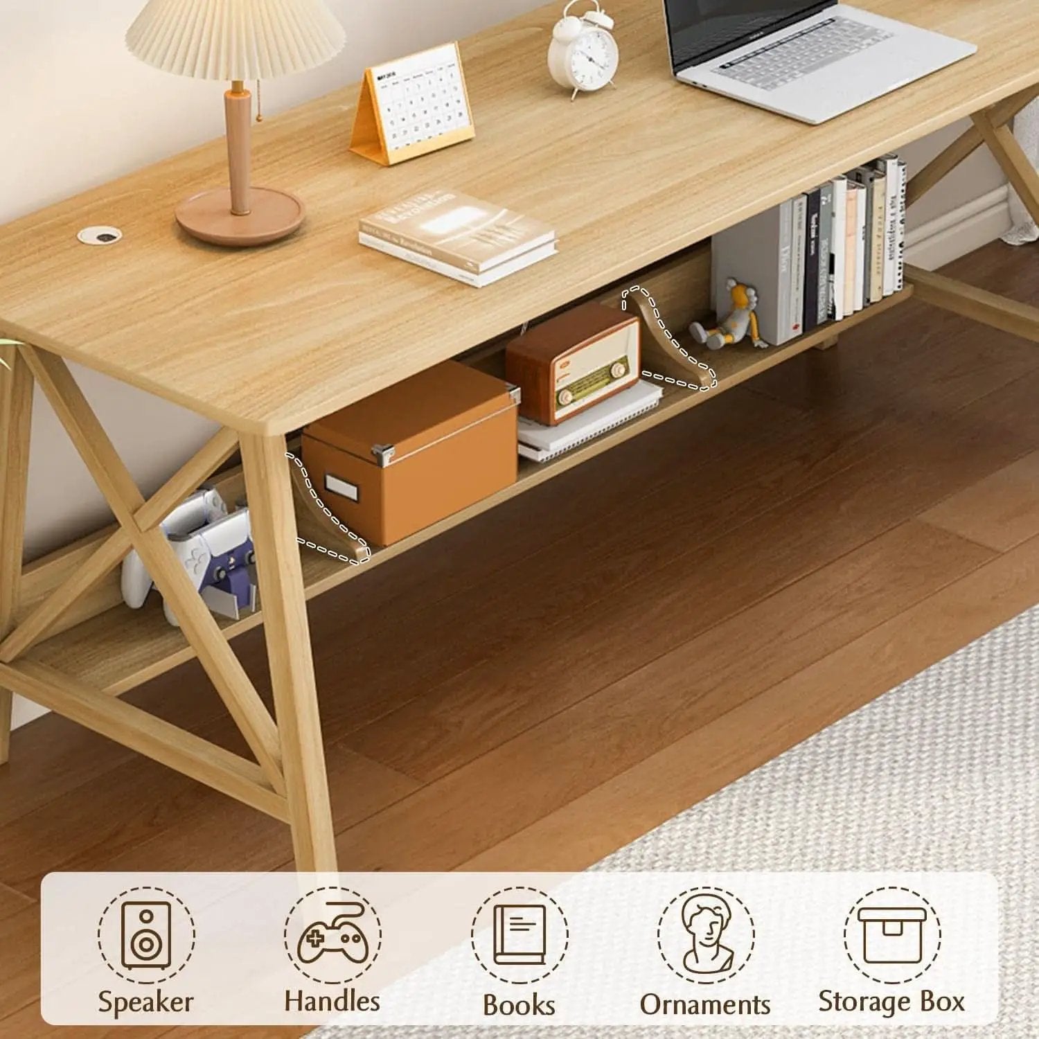 Extra Long Solid Wood Desk with Bookshelf Storage from PriceLows™