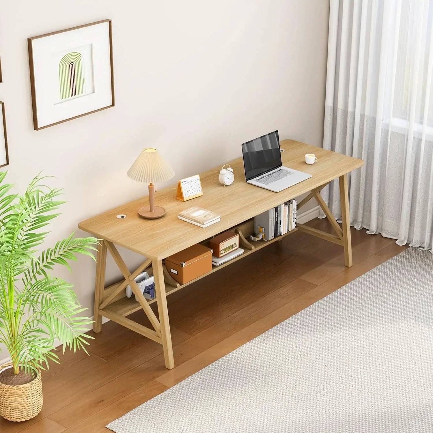 Extra Long Solid Wood Desk with Bookshelf Storage from PriceLows™