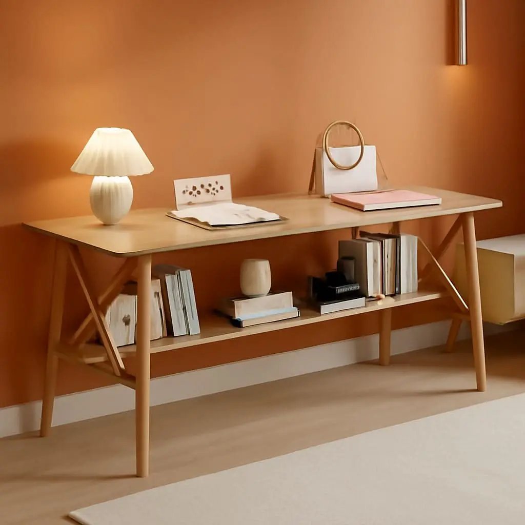 Extra Long Solid Wood Desk with Bookshelf Storage from PriceLows™