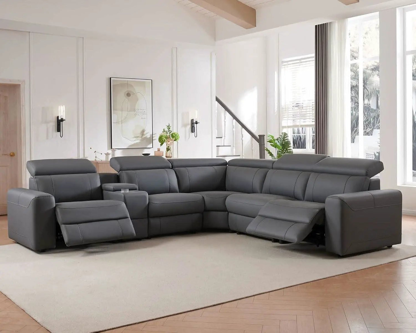 Grey Leather Power Recliner Sofa With Center Console from PriceLows™