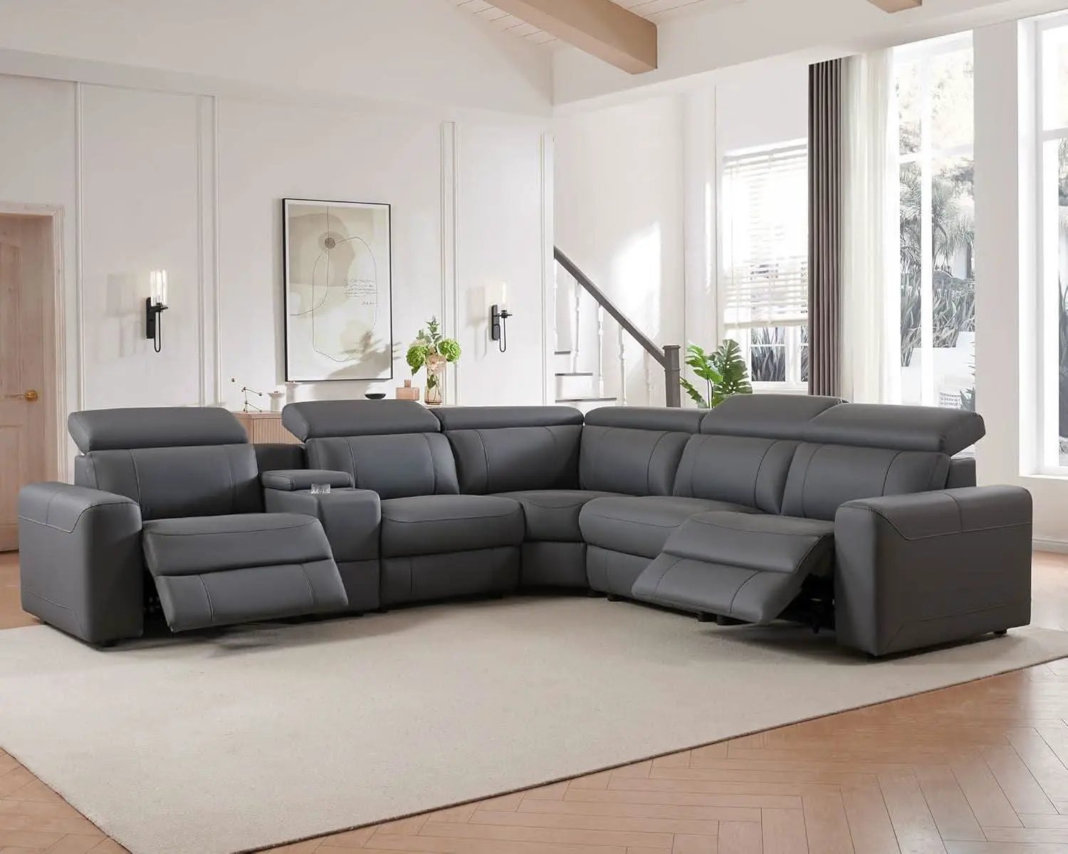 Grey Leather Power Recliner Sofa With Center Console from PriceLows™