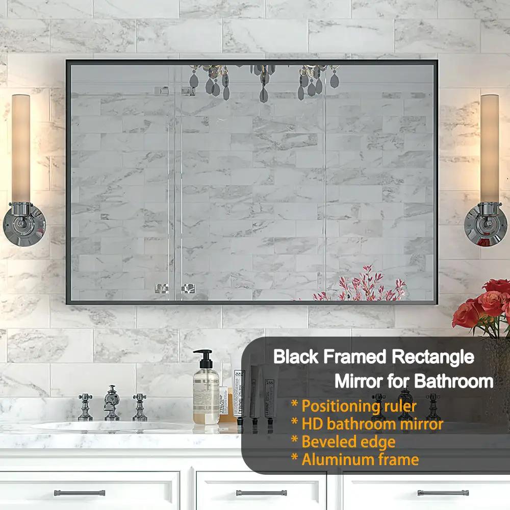 Rectangular Bathroom Mirror | Square Angle Metal Frame | Floating Glass Design | Beveled Edge