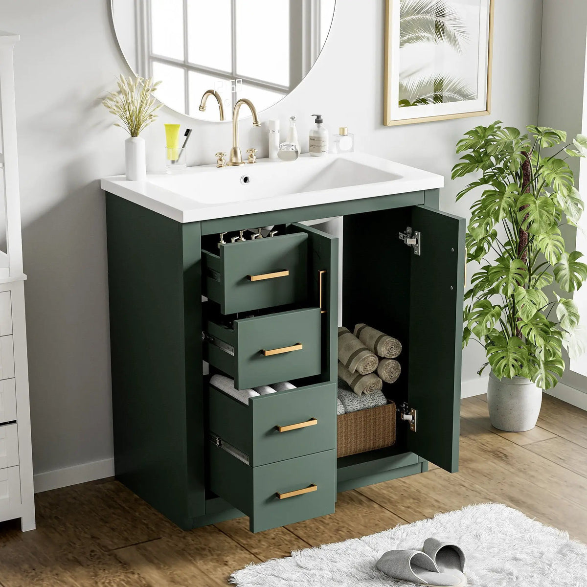 30 Inch Bathroom Vanity | 3 Drawers Soft Close | Solid Wood Ceramic Combo