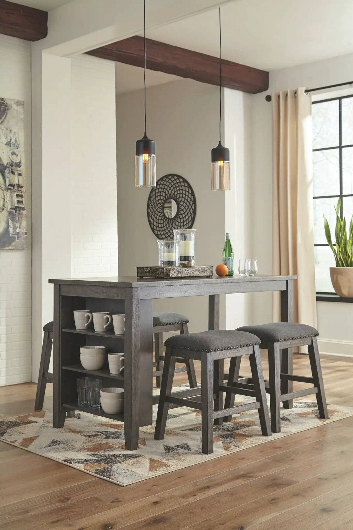 Caitbrook Counter Table Set | 5-Piece Rectangular | Acacia Veneer And Solids | Antiqued Finish