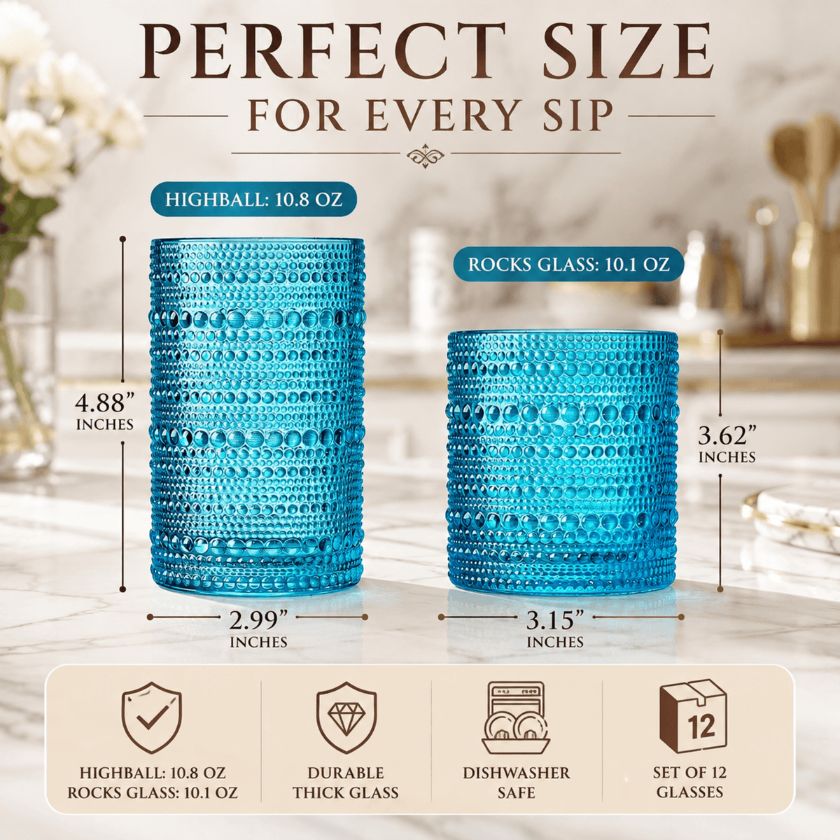 Fortuna Hobnail Lowball & Highball Glassware | 10 oz | Set of 12 | Highball & Lowball