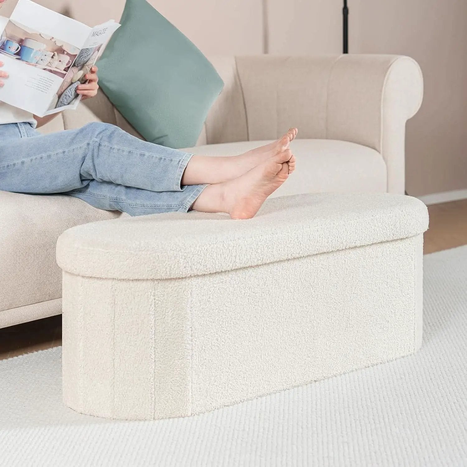 Sherpa Lined Folding Storage Ottoman 43.3 Inch White from PriceLows™