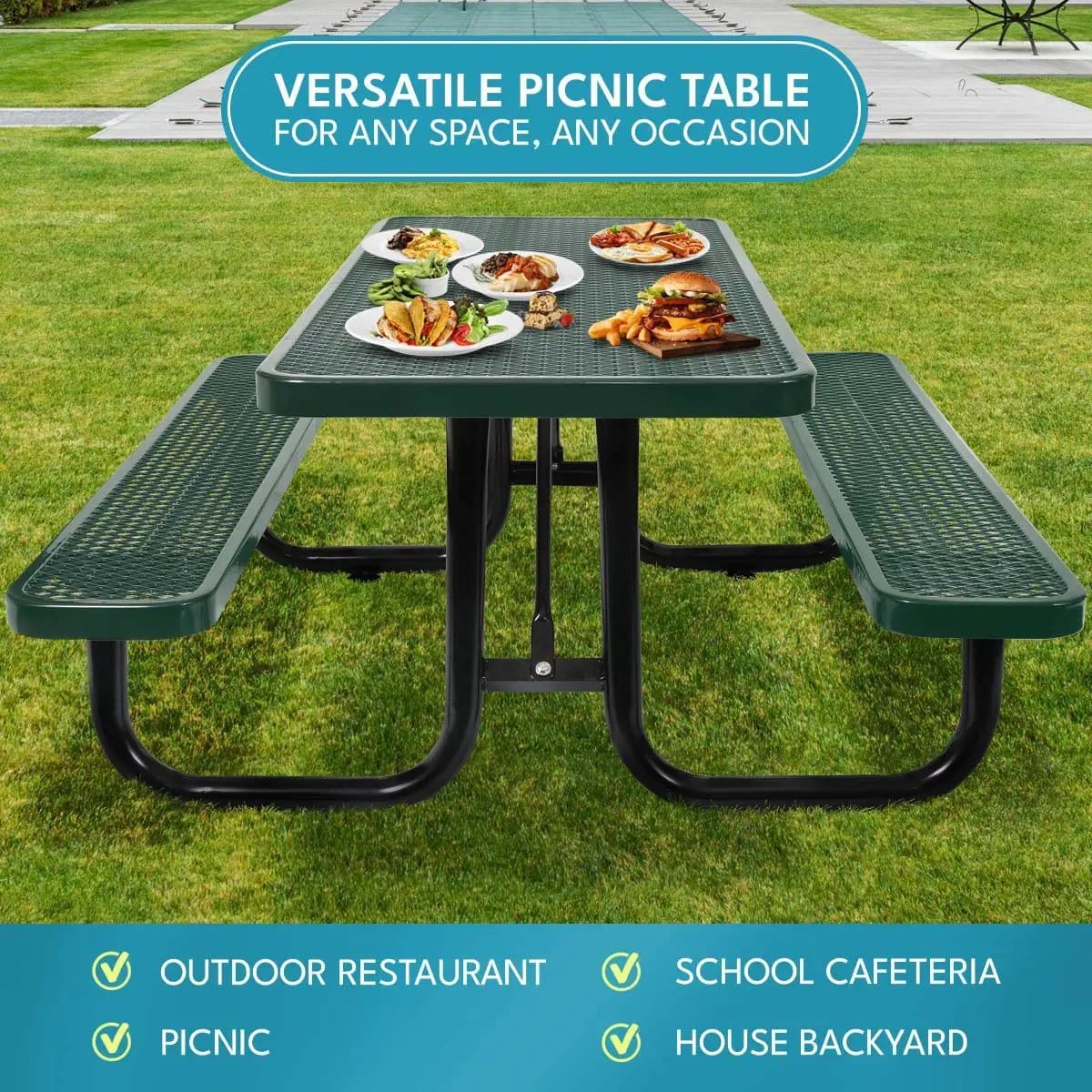 Outdoor Steel Picnic Rectangular Table With Umbrella Pole | 3 Pieces | Steel & Metal | Dining Room