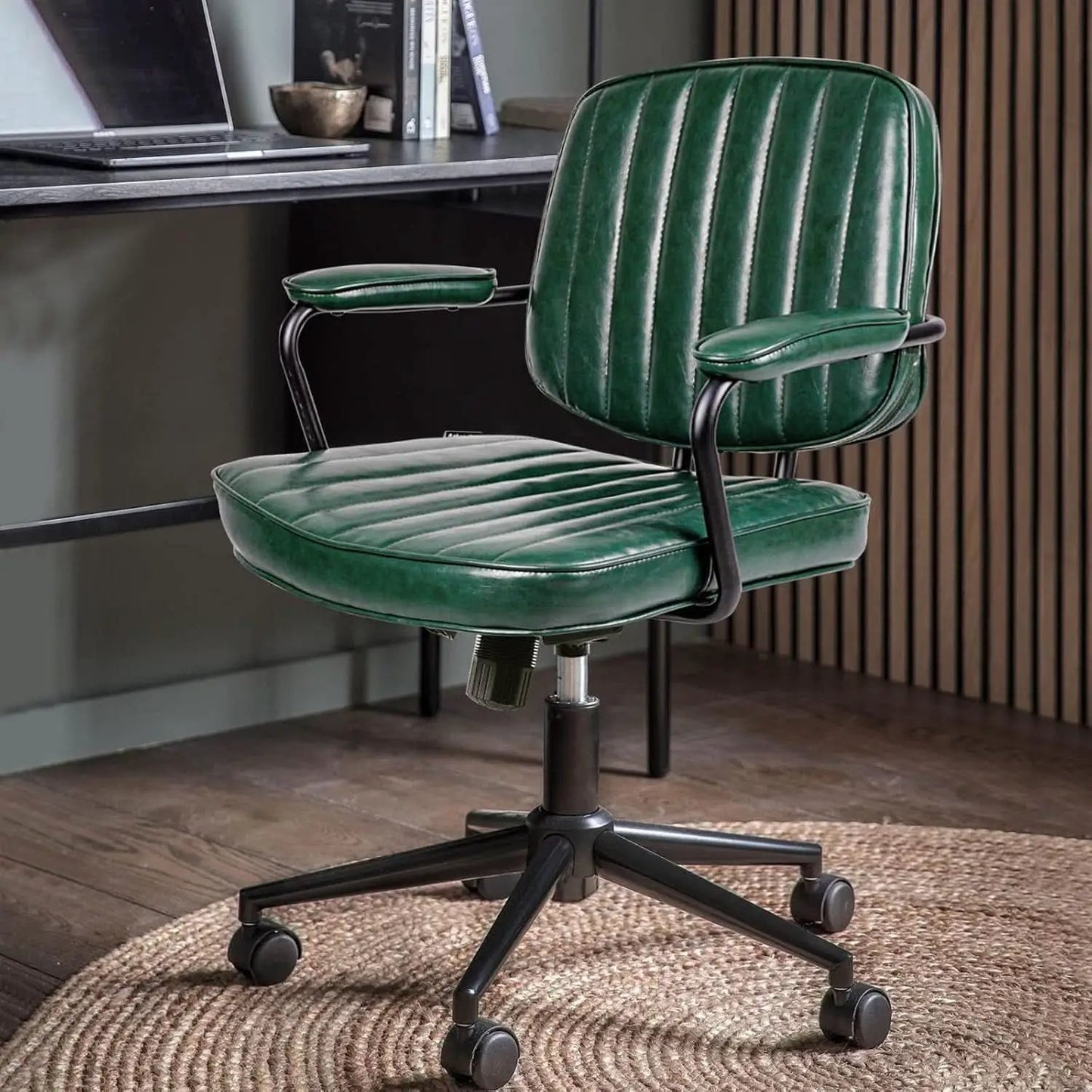 Green Leather Mid Century Office Chair With Wheels And Arms from PriceLows™