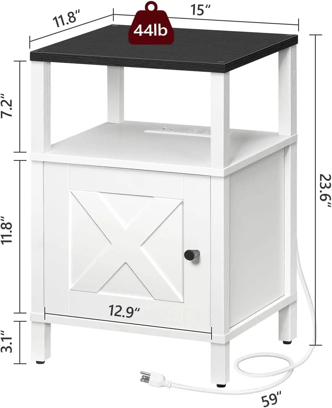 White Farmhouse Bedside Nightstand With USB Type C Ports from PriceLows™