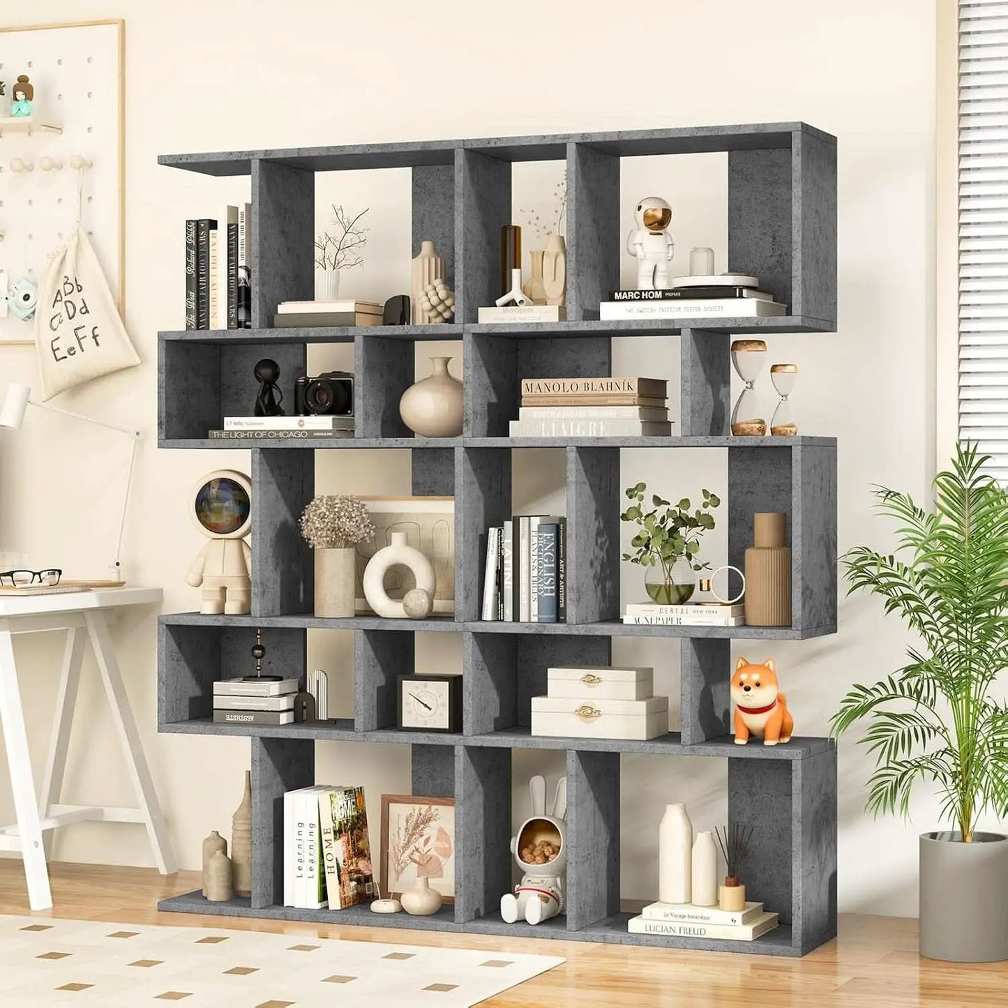 Gray Five Tier Geometric Bookshelf Set Of 2 70 Inch Tall from PriceLows™